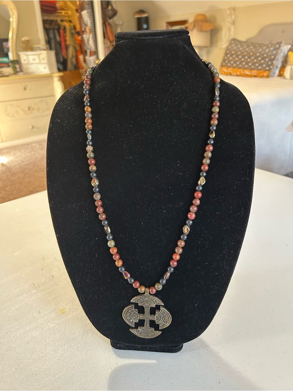 Beaded Multicolor Stone Necklace with Antique Silver Pendant